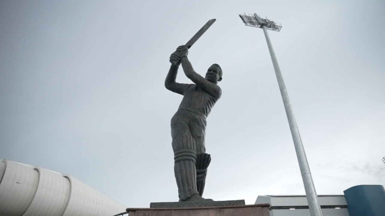 Statue of Sir Garfield Sobers outside Kensington Oval in Barbados, honoring one of cricket's greatest all-rounders and West Indies legend.