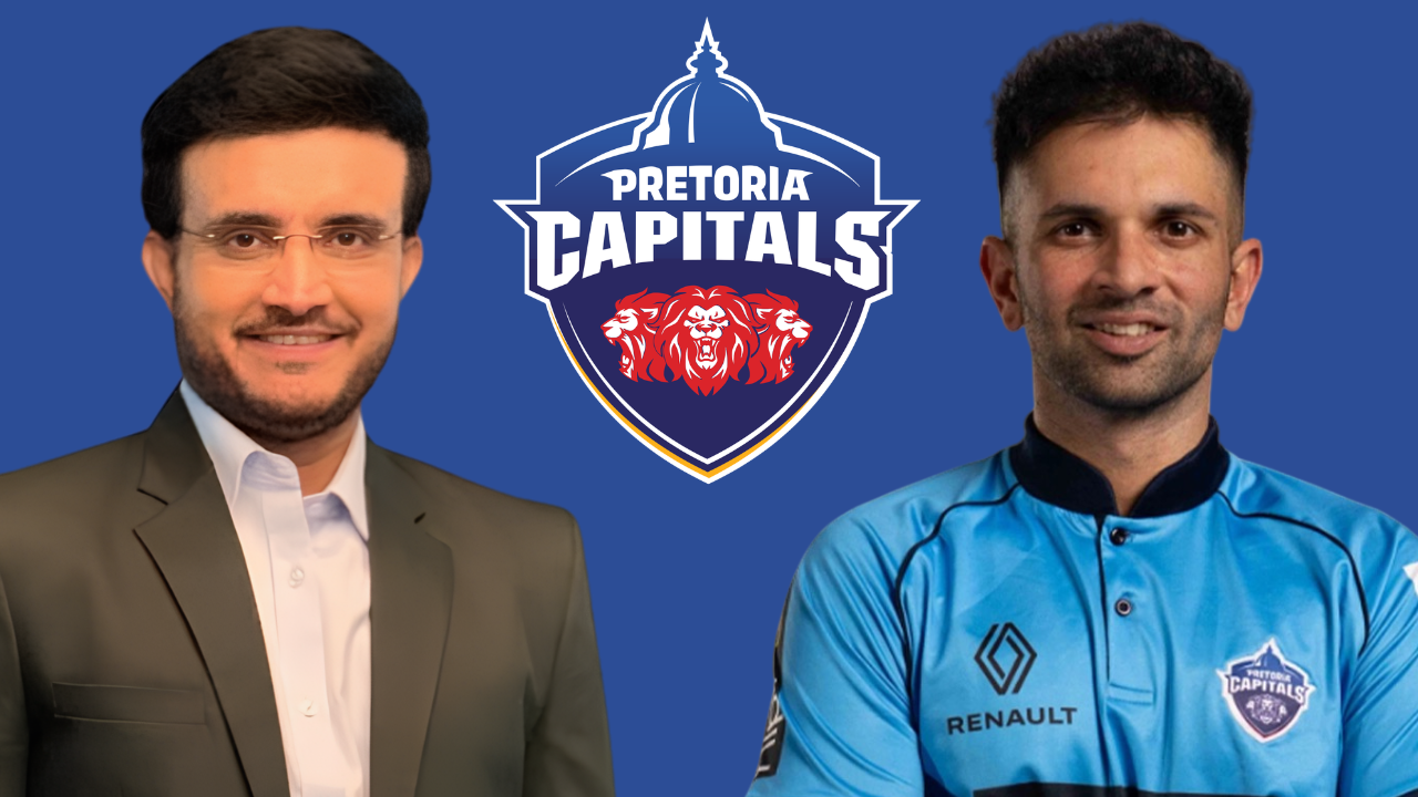 Sourav Ganguly and Keshav Maharaj alongside the Pretoria Capitals logo, highlighting the SA20 franchise and cricket leadership.