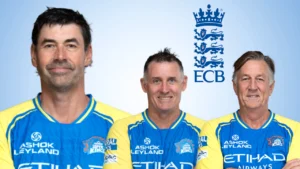 Stephen Fleming, Michael Hussey and Eric Simons alongside the England and Wales Cricket Board (ECB) logo, highlighting elite cricket coaching and England cricket.