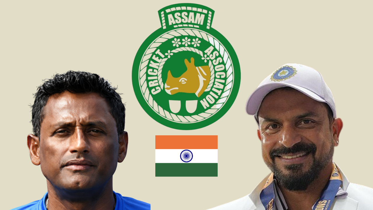 Subhadeep Ghosh and T. Dilip alongside the Assam Cricket Association logo, highlighting Indian cricket coaching and administration.