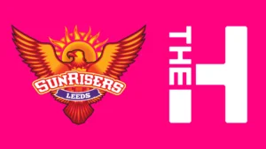 Sunrisers Leeds logo alongside The Hundred logo representing the English 100-ball cricket competition.