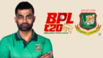 Tamim Iqbal pictured alongside the Bangladesh Premier League and Bangladesh Cricket Board logos.