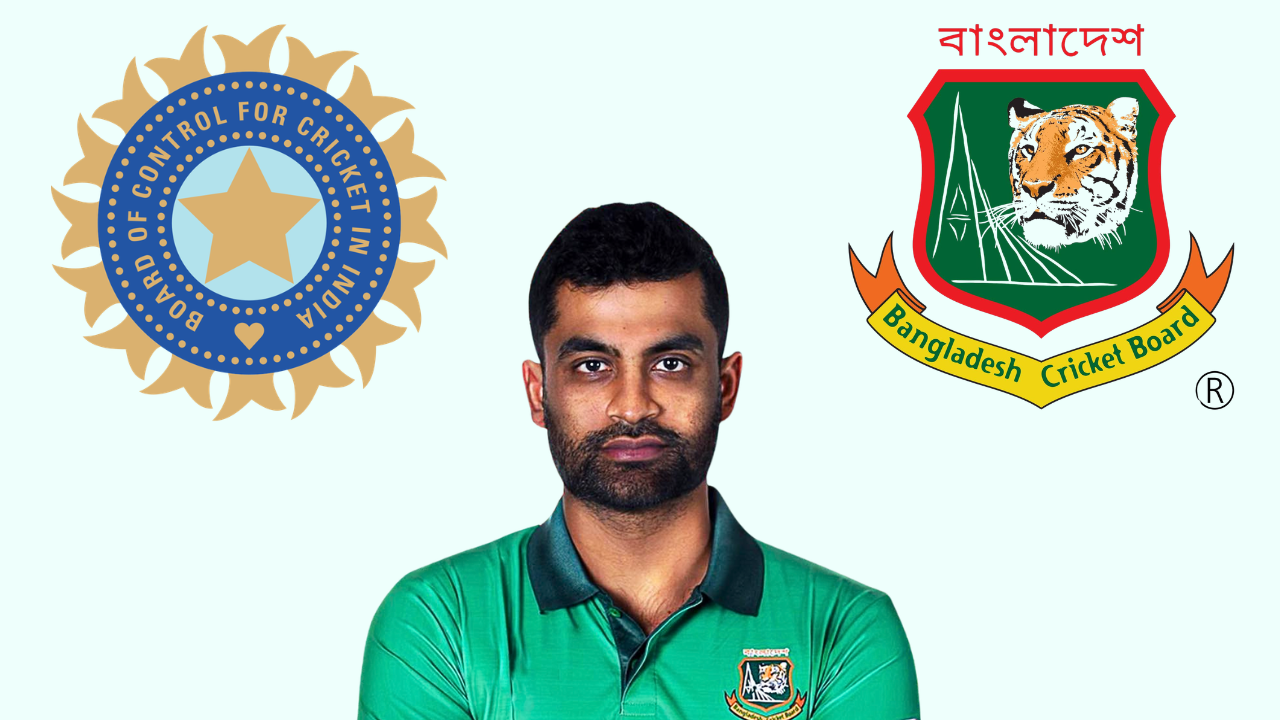 Tamim Iqbal pictured with the BCCI and Bangladesh Cricket Board (BCB) logos.