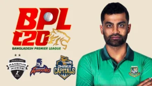 Tamim Iqbal with BPL, Rangpur Riders, Rajshahi Warriors and Dhaka Capitals logos