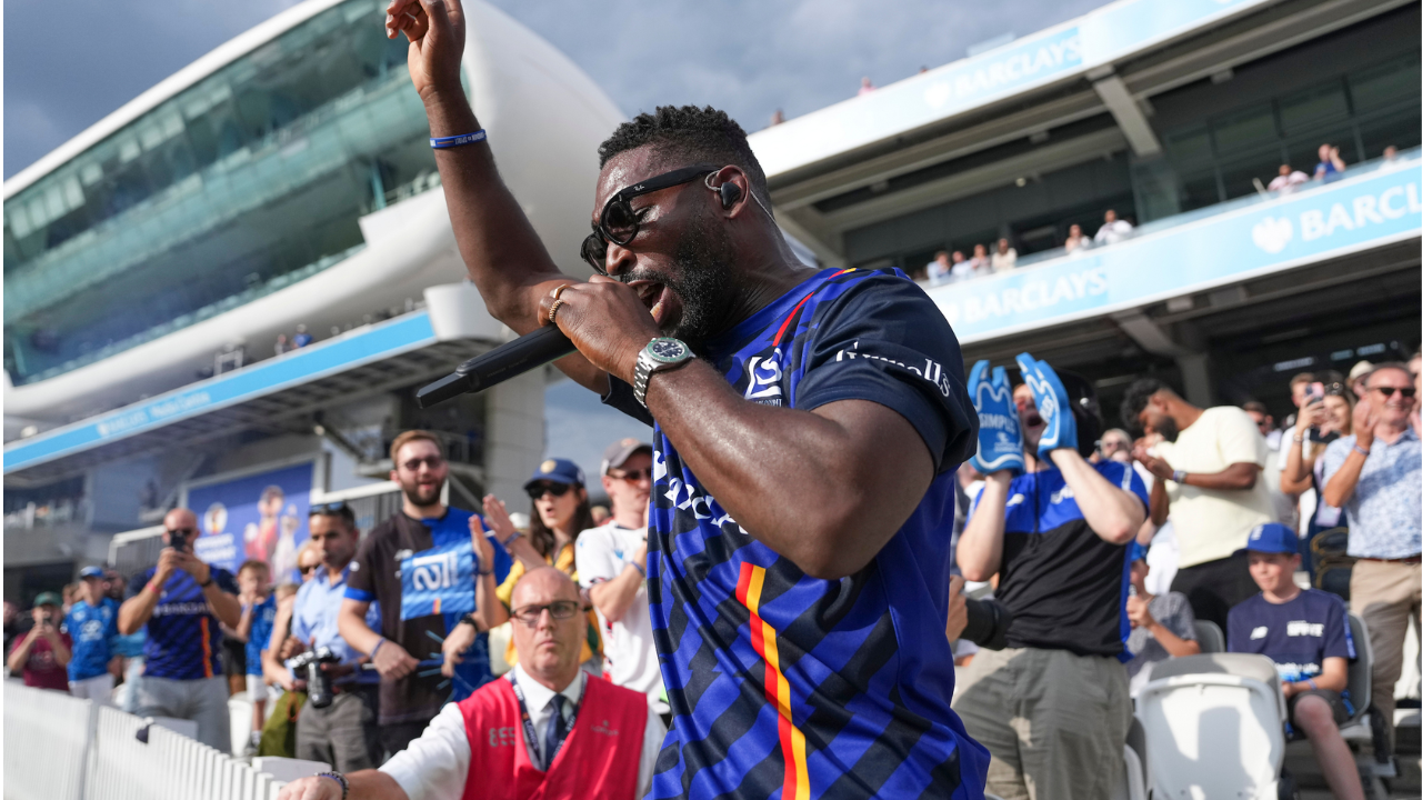 British rapper Tinie Tempah performs for London Spirit fans during a The Hundred cricket match at Lord's Cricket Ground in London.