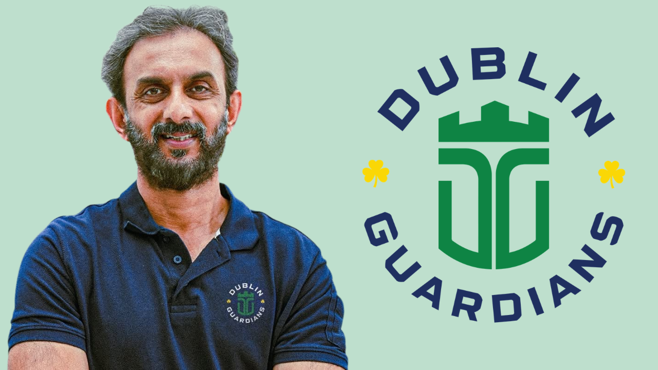 Former India batting coach Vikram Rathour alongside the Dublin Guardians logo, highlighting his association with the franchise.