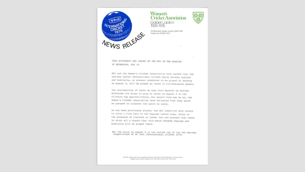 Official 1976 Women's Cricket Association news release announcing the first women's international cricket match to be played at Lord's between England and Australia.