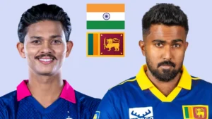 Yashasvi Jaiswal and Asitha Fernando alongside the India and Sri Lanka flags.