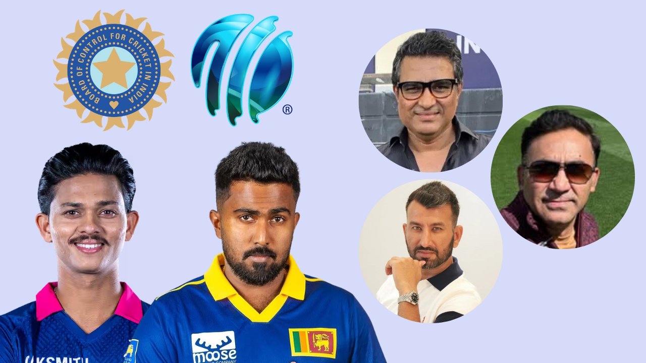 Yashasvi Jaiswal, Asitha Fernando, Cheteshwar Pujara, Saba Karim and Sanjay Manjrekar with BCCI and ICC logos.