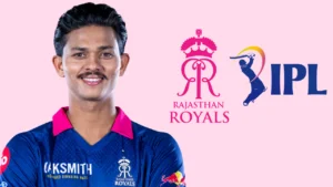 Yashasvi Jaiswal pictured with Rajasthan Royals and IPL logos.