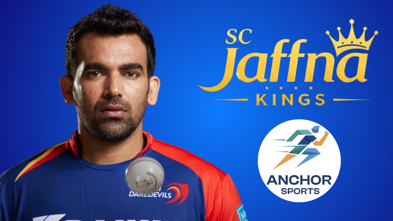 Former India fast bowler Zaheer Khan alongside the Jaffna Kings and Anchor Sports logos, highlighting his association with the Lanka Premier League franchise.