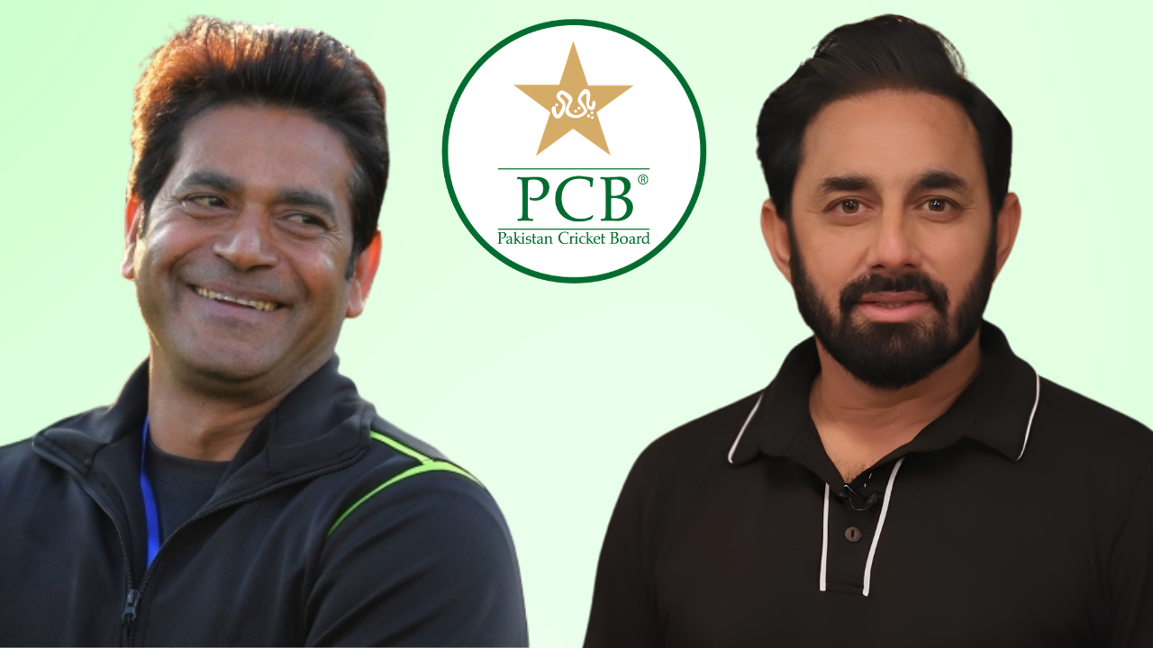 Aaqib Javed and Saeed Ajmal alongside the Pakistan Cricket Board PCB logo
