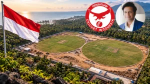 Abhiram Singh Yadav with Bali International Oval, Indonesia flag and Persatuan Cricket Indonesia logo