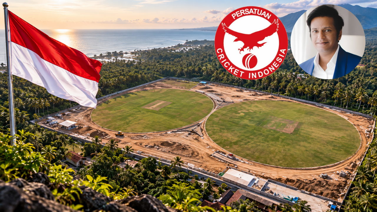 Abhiram Singh Yadav with Bali International Oval, Indonesia flag and Persatuan Cricket Indonesia logo