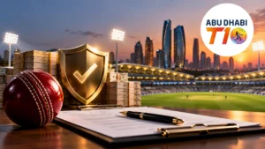 Abu Dhabi T10 logo with cricket ball, financial documents and security shield at a cricket stadium