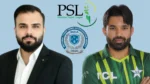 Ahsan Tahir and Mohammad Rizwan alongside the Pakistan Super League (PSL) and NCCIA logos
