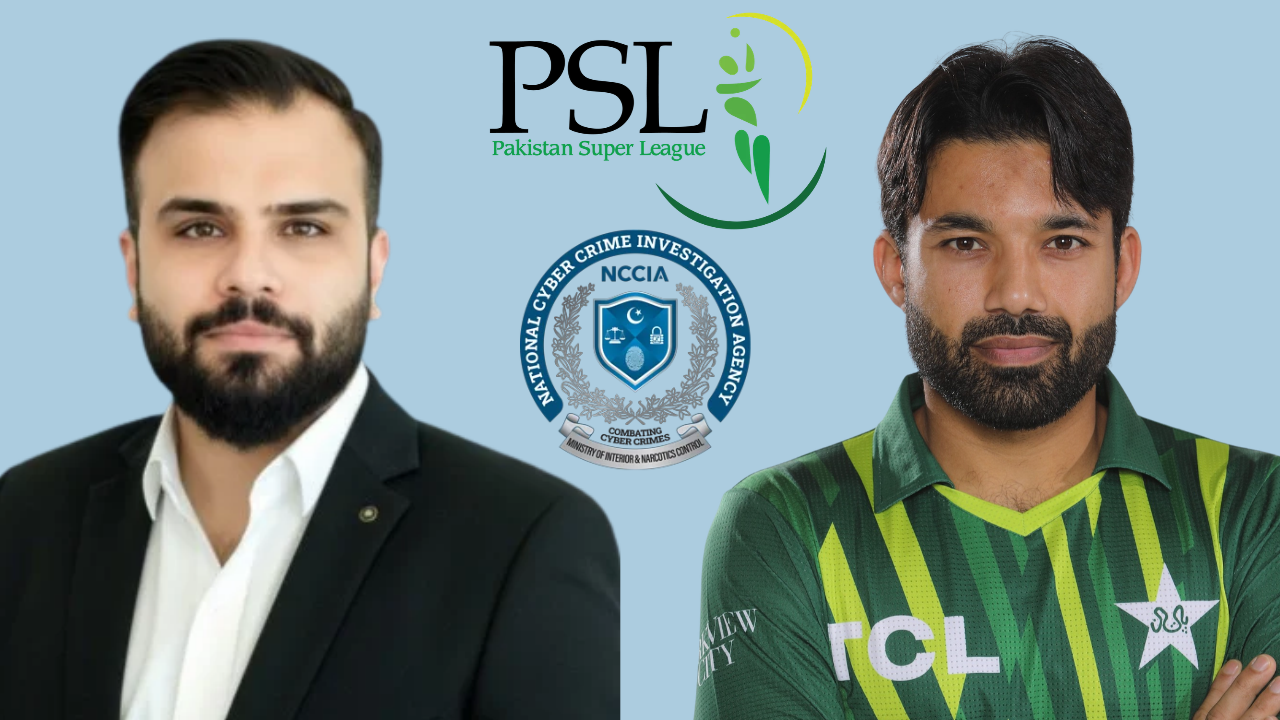 Ahsan Tahir and Mohammad Rizwan alongside the Pakistan Super League (PSL) and NCCIA logos