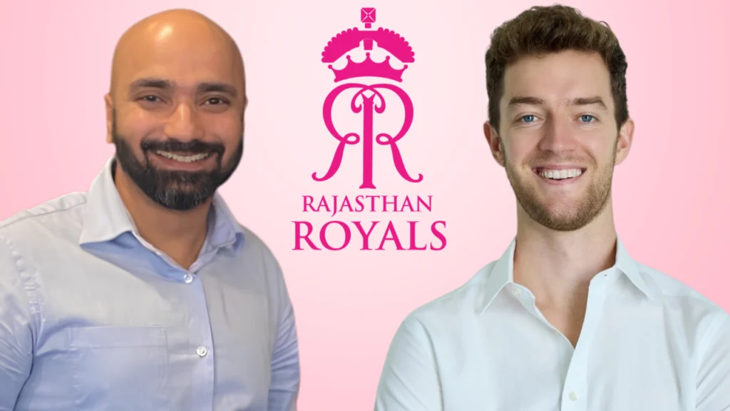 Alok Chitre and Jake Lush McCrum alongside the Rajasthan Royals logo