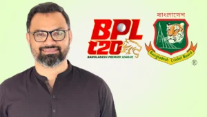 Aminul Haque alongside Bangladesh Premier League (BPL) and Bangladesh Cricket Board (BCB) logos