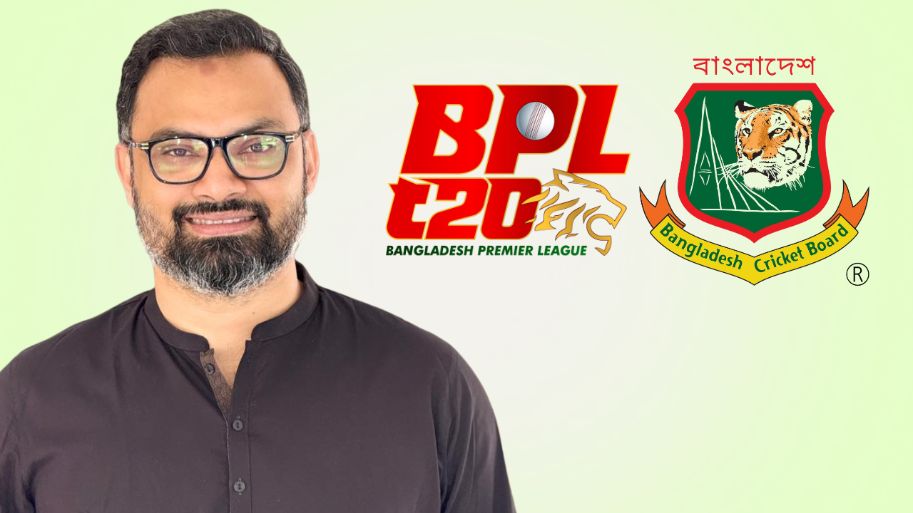 Aminul Haque alongside Bangladesh Premier League (BPL) and Bangladesh Cricket Board (BCB) logos