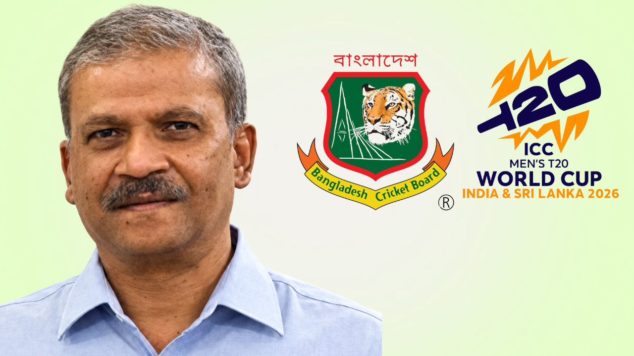 Asif Nazrul pictured alongside the Bangladesh Cricket Board and ICC Men’s T20 World Cup 2026 logos