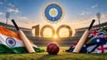 BCCI logo marking 100 years of Test cricket with India and SENA nation flags, cricket bats and ball.