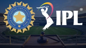 BCCI and IPL logos displayed above a judge’s gavel in a cricket stadium setting