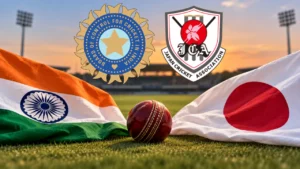 BCCI and Japan Cricket Association logos with Indian and Japanese flags and a cricket ball
