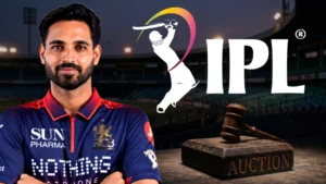 Bhuvneshwar Kumar alongside the IPL logo and an auction gavel in a cricket stadium setting