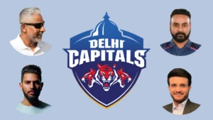 Chaminda Vaas, Amit Mishra, Sourav Ganguly and Yuvraj Singh surrounding the Delhi Capitals logo