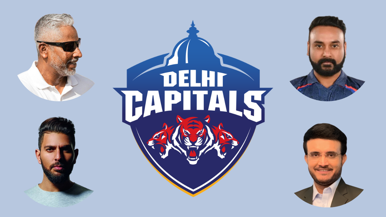 Chaminda Vaas, Amit Mishra, Sourav Ganguly and Yuvraj Singh surrounding the Delhi Capitals logo