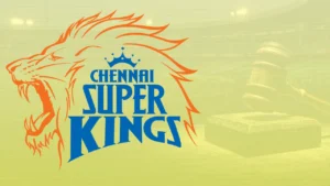 Chennai Super Kings (CSK) logo with a judge’s gavel in the background