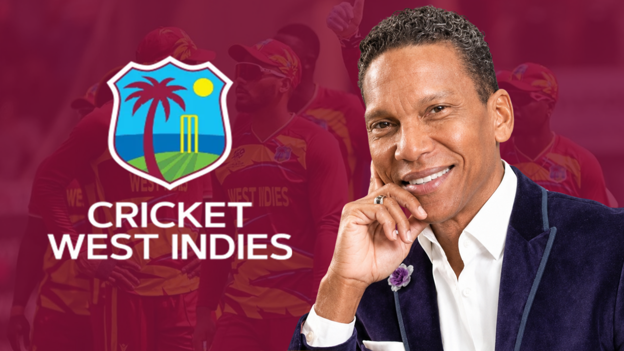 Chris Dehring pictured alongside the Cricket West Indies (CWI) logo and West Indies cricket team.