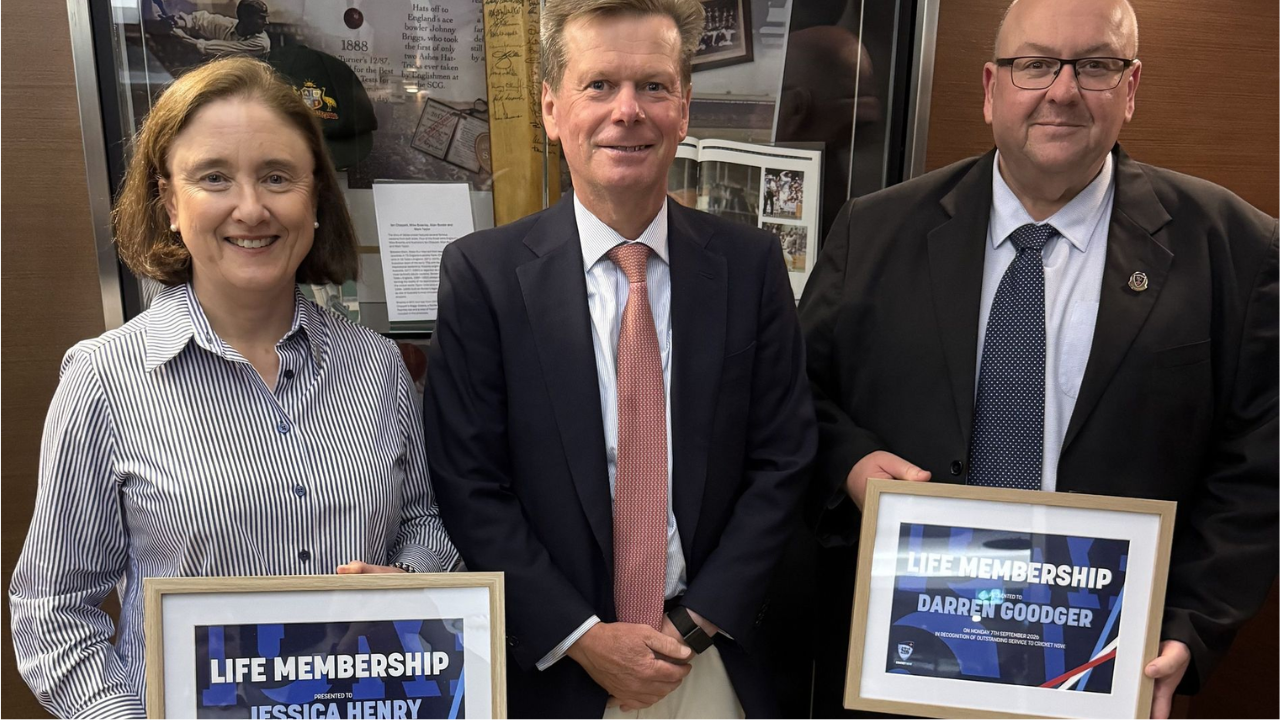Cricket NSW Chairman John Knox with life membership recipients Jessica Henry and Darren Goodger