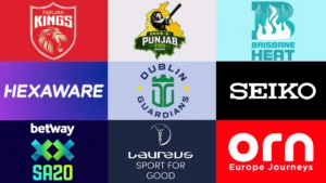 Logos of cricket teams, leagues and sponsors including Punjab Kings, Brisbane Heat, Dublin Guardians and ORN Europe Journeys