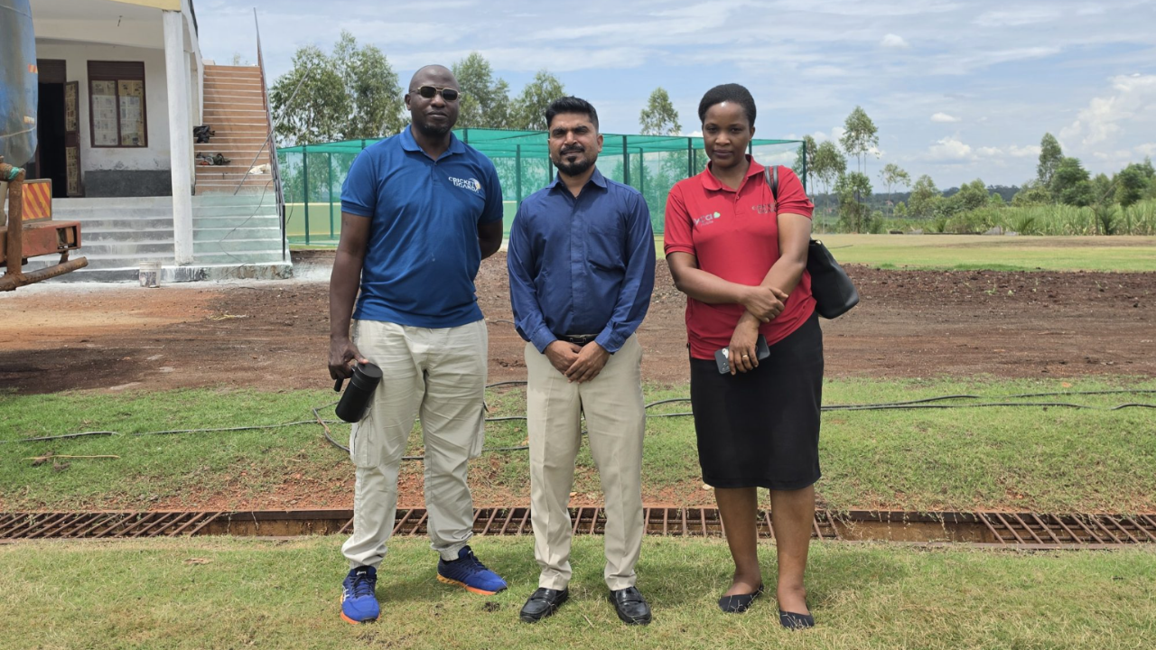 Cricket Uganda officials Evelyn Shinyekwa and Joshua Mwanja visit GM Sugar Grounds with Rajesh Patel