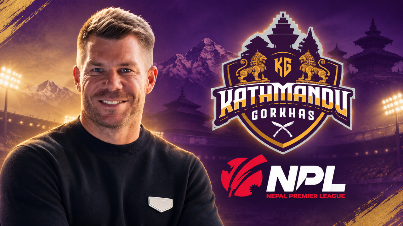 David Warner alongside Kathmandu Gorkhas and Nepal Premier League logos