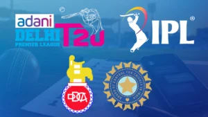 Delhi Premier League, IPL, BCCI and DDCA logos on a cricket-themed background