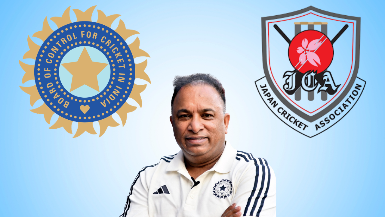 Devajit Saikia pictured with BCCI and Japan Cricket Association logos