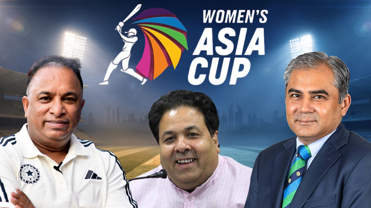 Devajit Saikia, Rajeev Shukla and Mohsin Naqvi with the Women’s Asia Cup cricket logo