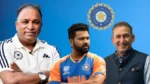 Devajit Saikia, Rohit Sharma and Ajit Agarkar alongside the BCCI logo