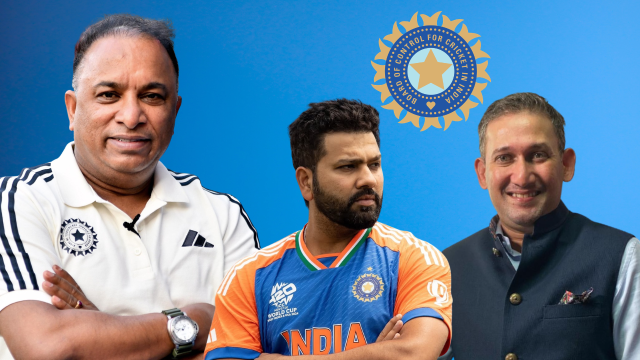Devajit Saikia, Rohit Sharma and Ajit Agarkar alongside the BCCI logo