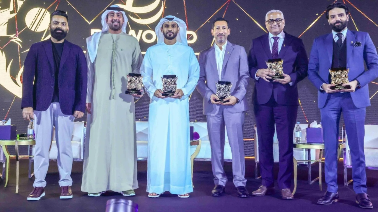 Mubashshir Usmani, Mohamed Abu Hamra, Eisa Sharif, Venu Nair, Mukund Galgali and Tushar Malhotra at the DP World ILT20 Season 5 launch event.