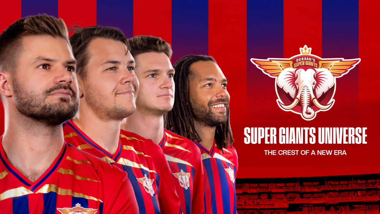 Durban's Super Giants players Aiden Markram, Gerald Coetzee, Eathan Bosch and Tony de Zorzi model the team's new playing kit.