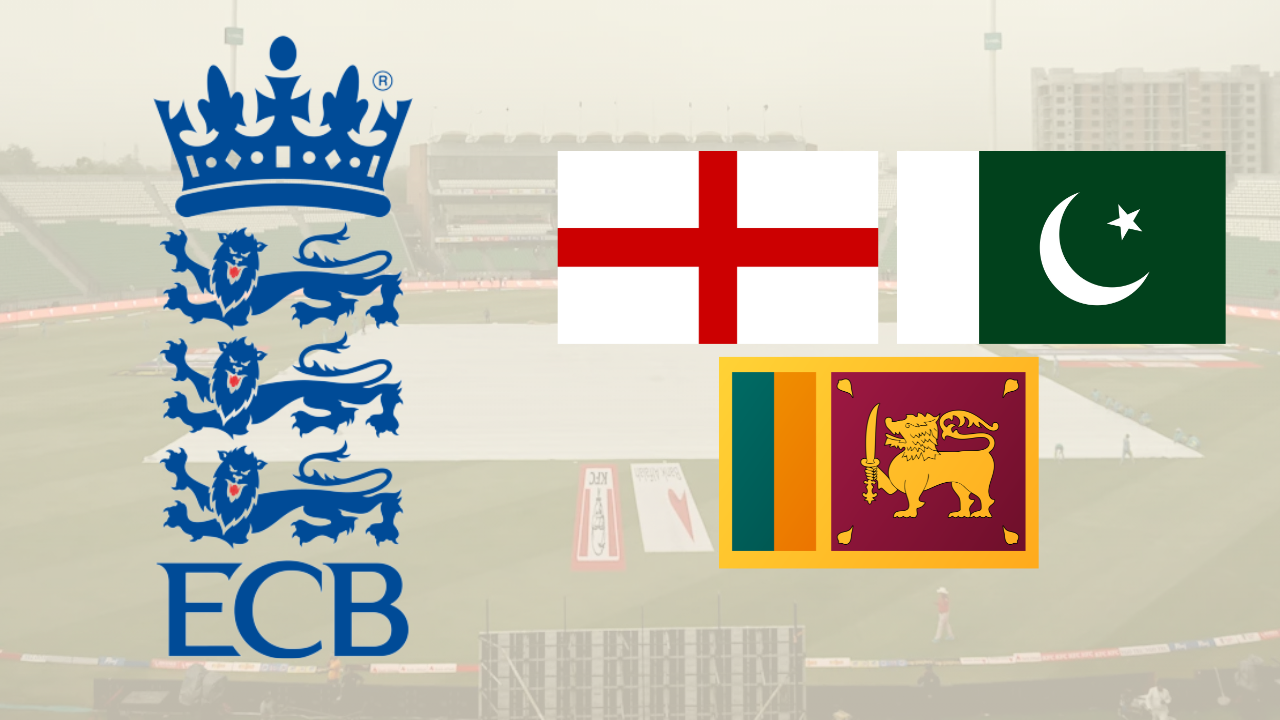 ECB logo with England, Pakistan and Sri Lanka flags over Gaddafi Stadium