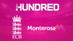 ECB, The Hundred and Monterosa logos displayed against a cricket stadium background.