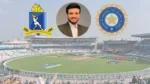 Eden Gardens in Kolkata with Sourav Ganguly and the Cricket Association of Bengal (CAB) and BCCI logos.