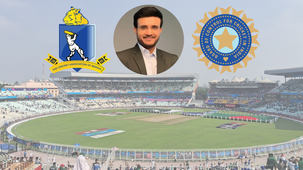 Eden Gardens in Kolkata with Sourav Ganguly and the Cricket Association of Bengal (CAB) and BCCI logos.