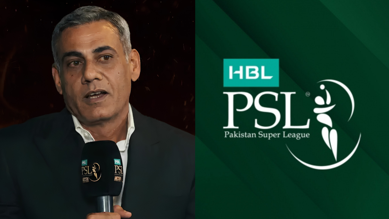 Fawad Sarwar speaking alongside the Pakistan Super League PSL logo
