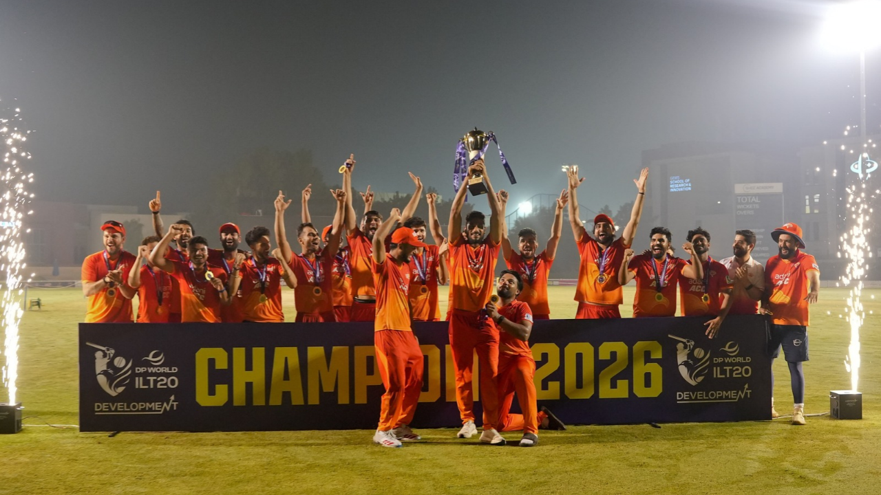 Gulf Giants Development celebrate winning the 2026 DP World ILT20 Development Tournament